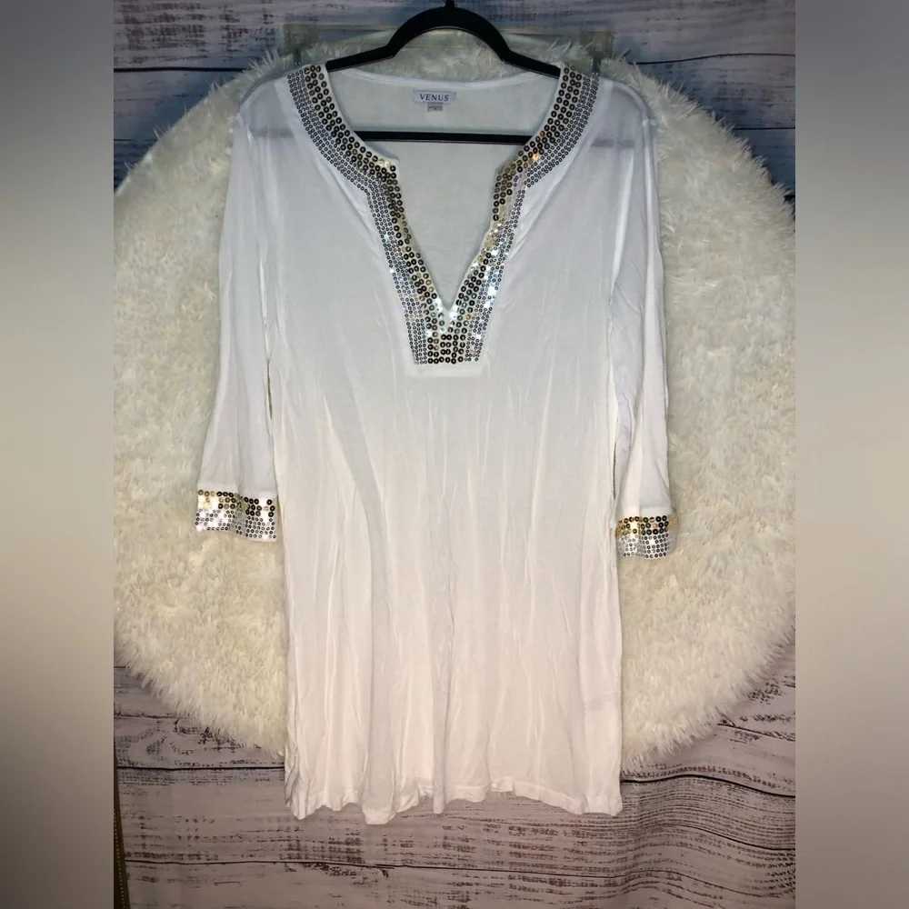 VENUS White Silver Embellished Tunic 3/4 Sleeve Medium NWOT - Picture 3 of 14
